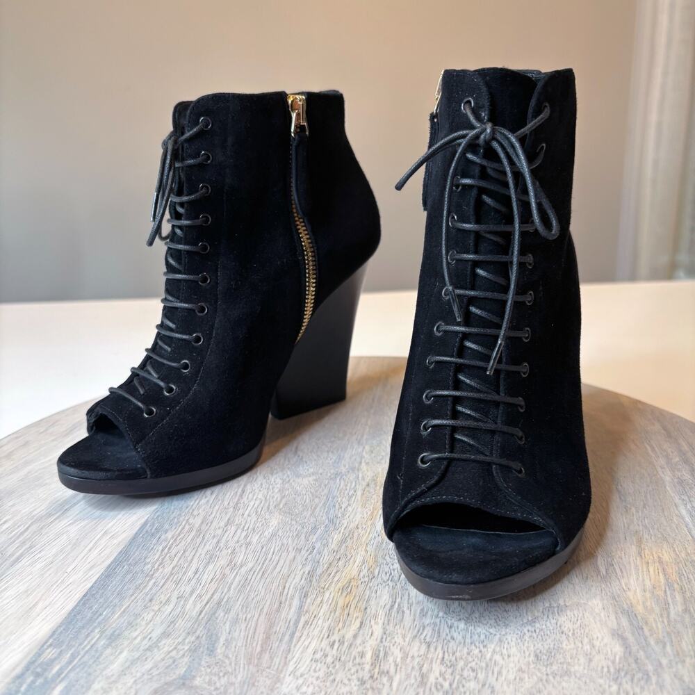 Authentic Burberry Black Suede Peep Toe Lace Up Booties EU Size 35.5 US Size 5.5